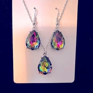 Handmade rainbow mystic topaz teardrop Earring and necklace set silver plated